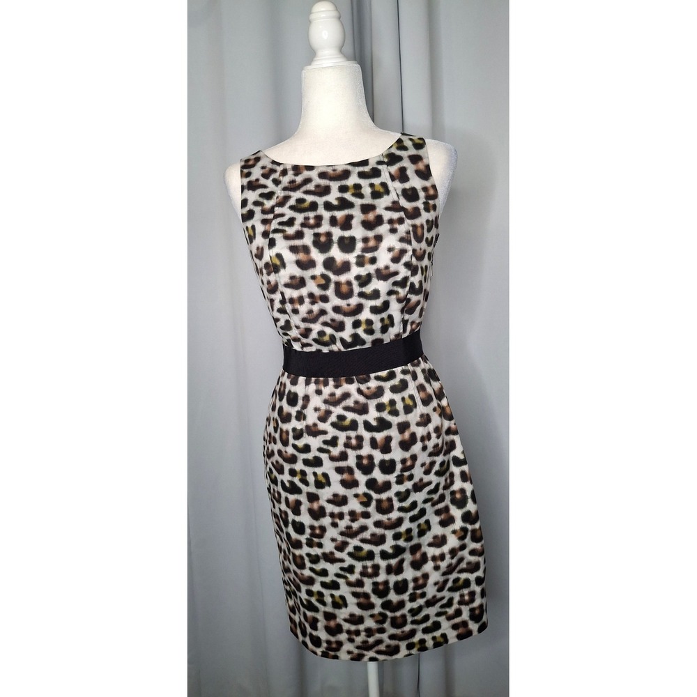 Ann Taylor Petite Leopard Print Sheath Dress Black Waistband 4P Sleeveless - Picture 3 of 12